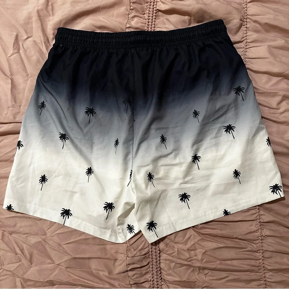 Men’s Coconut Palm Tree Print Ombre Drawstring Waist Swim Shorts